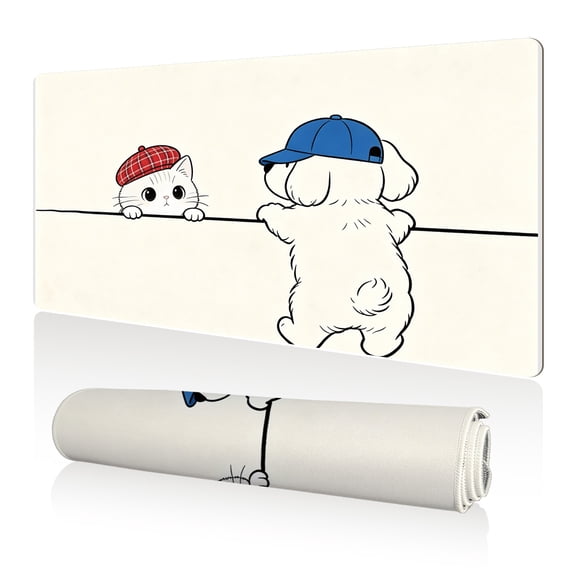 LIVEKEY Mouse Pad 80x40cm Extra Large Non Slip Stitched Durable Easy Clean Cute Cat Dog Hat White Background for Gaming Office