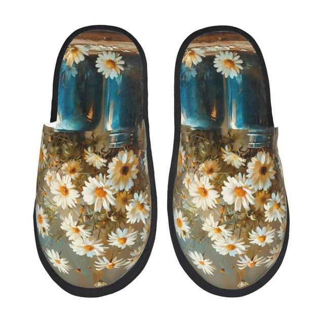 Lsque Rustic Daisy Mason Jars Print Fuzzy Slippers Fuzzy Soft House Slippers Plush Furry Warm Cozy Open Toe Fluffy Home Shoes-Medium