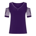 thumbnail image 4 of USSUMA Womens Tops Dressy Casual Summer Summer Women Cold Shoulder T-Shirts Casual Hot Drilling Tops Net Yarn Short Sleeve V Neck Loose Fit Tunic Tee Blouses, 4 of 7