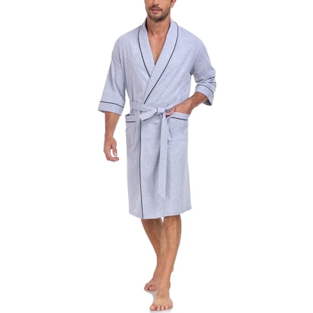 EA'S SECRET 100% Cotton Men's Bathrobes Summer Kimono Mens Lightweight Soft Robe Spa Robes for Men ShorttSleeve Sleepwear Loungewear with Pockets with Pockets(Grey,L)