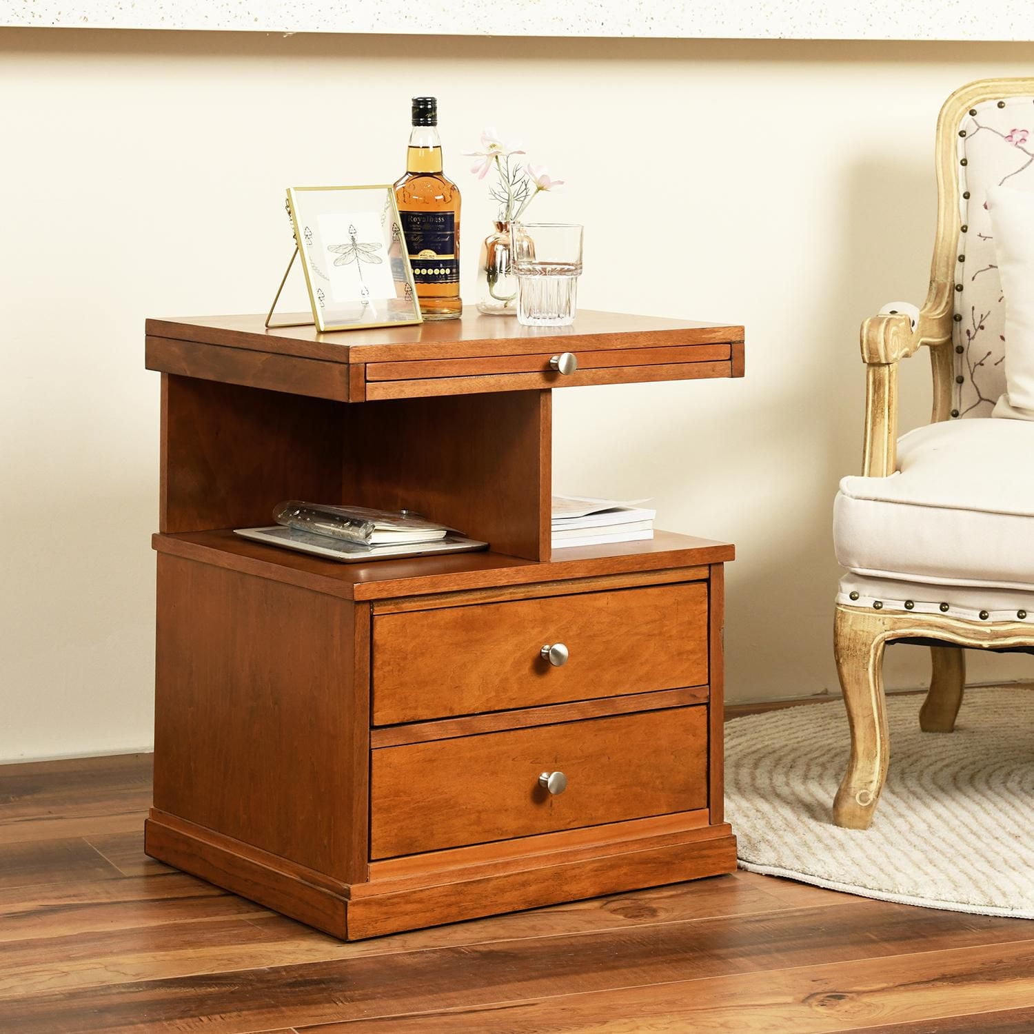 Homylin Wooden Nightstand with 2 Drawers and Open Shelf, 20" Sofa Side Table Extendable Top End Table Accent Table for Living Room, Bedroom, Small Spaces - Brown