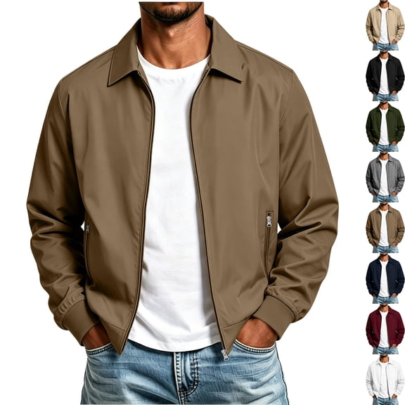 Men's Casual Bomber Jacket Lightweight Classic Collar Full Zip Golf JacketsWindbreaker for Business Casual Office Travel with Zip Pockets, Khaki, XL
