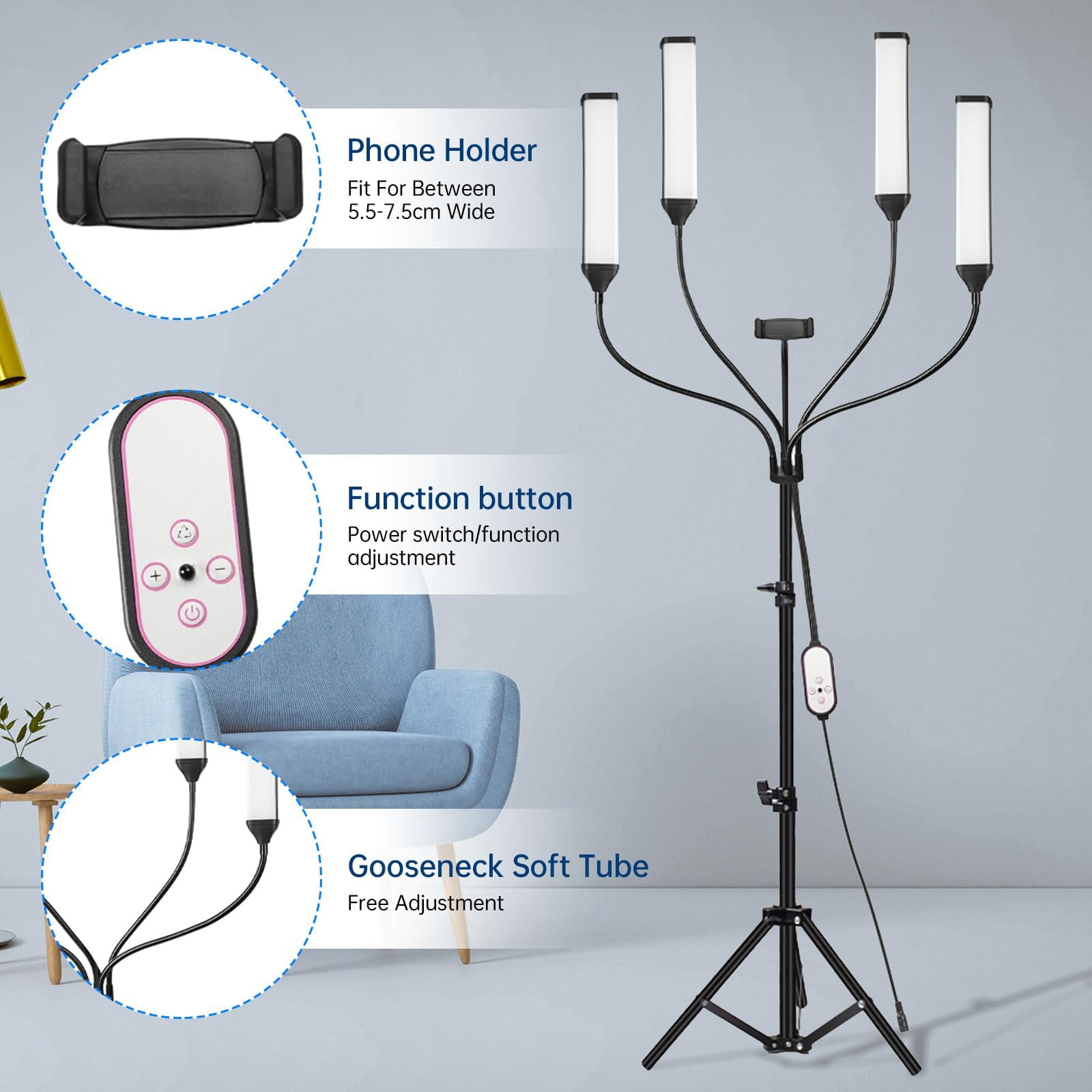 Four-arm RGB LED Photography Light, Equipped with Tripod Stand,Photography Bag,36 PCS Color gels, Suitable for Live Streaming,Video Recording,Eyebrow Embroidery,Makeup,Tattoo,Lash,YouTube Videos