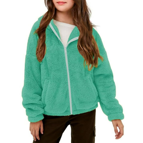 IVEYRTF Girls Faux Fleece Zip Up Hooded Jacket Warm Winter Outerwear Coats for Kids Soft Lined Pockets Girls Cozy Pullover Top for Fall Winter Casual Wear(Mint Green,13-14 Years)