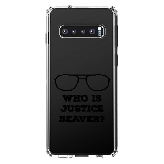 DistinctInk Clear Shockproof Hybrid Case for Samsung Galaxy S10 (6.1" Screen) - TPU Bumper Acrylic Back Tempered Glass Screen Protector - Who is Justice Beaver - Dwight Glasses