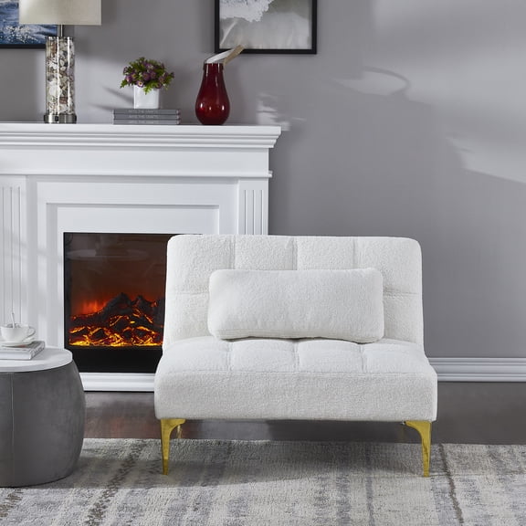 Jopath Futon Sofa Single Sofa Convertible Sofa Bed Futon With Gold Metal Legs Teddy Fabric 3 Position Backrest For Living Room & Guest Room (White)