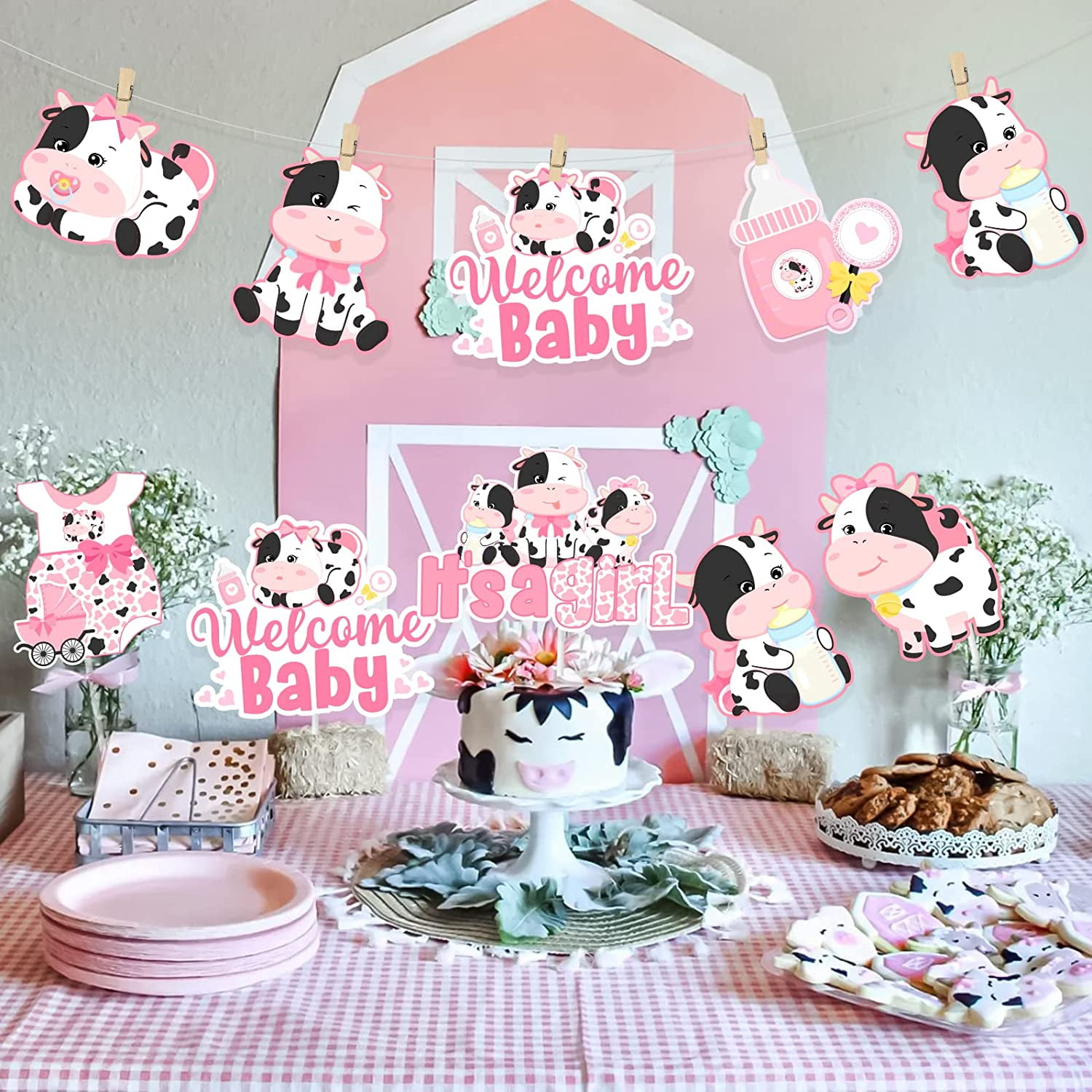 24 Pieces Cow Centerpieces for Tables Baby Shower, Cow Theme Table Toppers, Cow Baby Shower Centerpieces Decorations Girl for Farm Animal Birthday Party Supplies