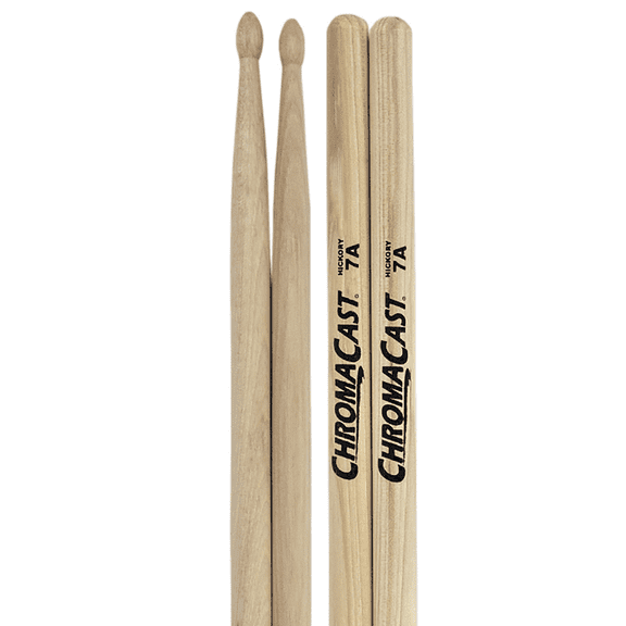 ChromaCast 7A Hickory Drumsticks Pair - Wood Tipped - Drum Sticks Tour Tested by Pro Drummers - Real n Hickory Wood