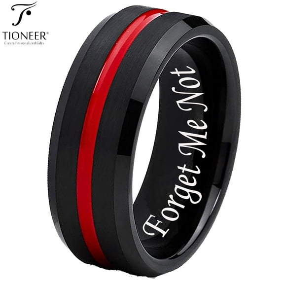 Tioneer Tungsten Ring Black IP w/ Distinct Blue or Red Center Line 8mm Comfort Fitw/ Free Engraving Options