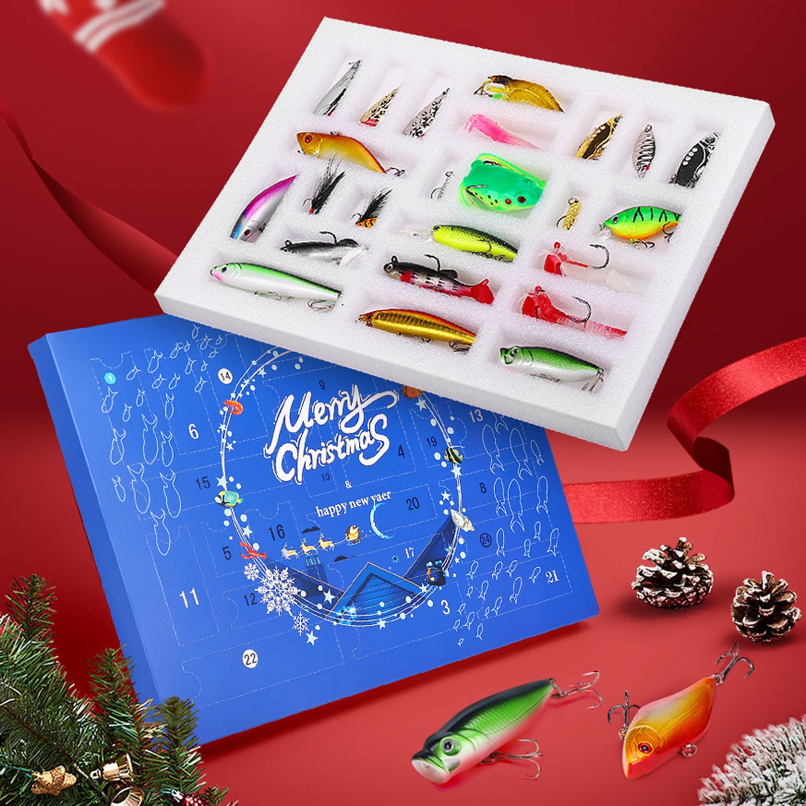 Fishing Advent Calendar for Adult Men Teen Boys, 2025 Fishing Lure Christmas Gifts, 24 Days Topwater Lures Fishing Spoons Minnow Popper Crankbait VIB for Fishing Lovers Father