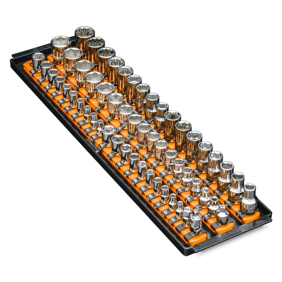 Ernst Manufacturing 8482 Socket Boss Organizador de enchufes de 3 rieles con múltiples unidades, rieles de enchufe de 18 pulgadas con almacenamiento seguro con cierre giratorio, color naranja, fabrica