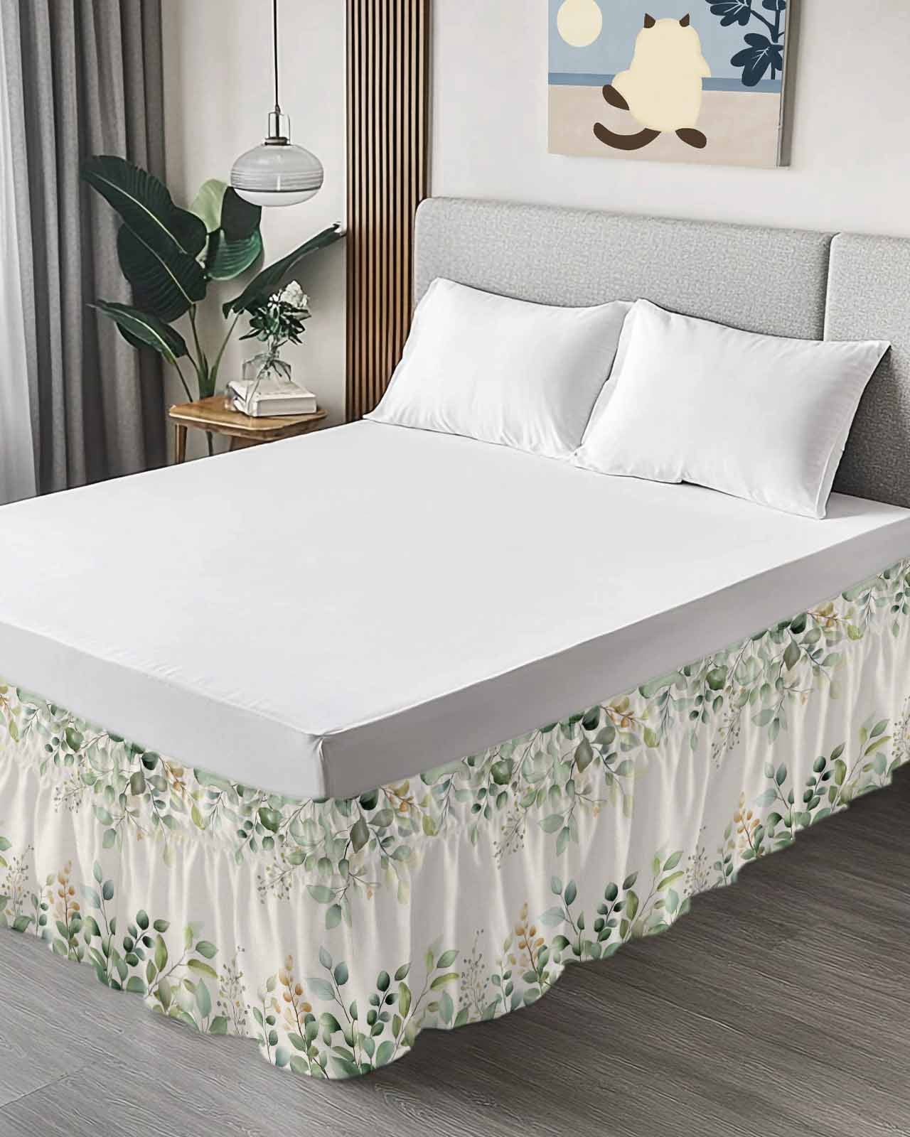 Retro Eucalyptus Leaves Ruffle Bed Skirt King Size Sage Green Leaf Summer Plants Linen Adjustable Elastic Dust Bed Skirts Wrap Around Bedskirt Wrinkle Free Easy Fit with 18 Inch Drop