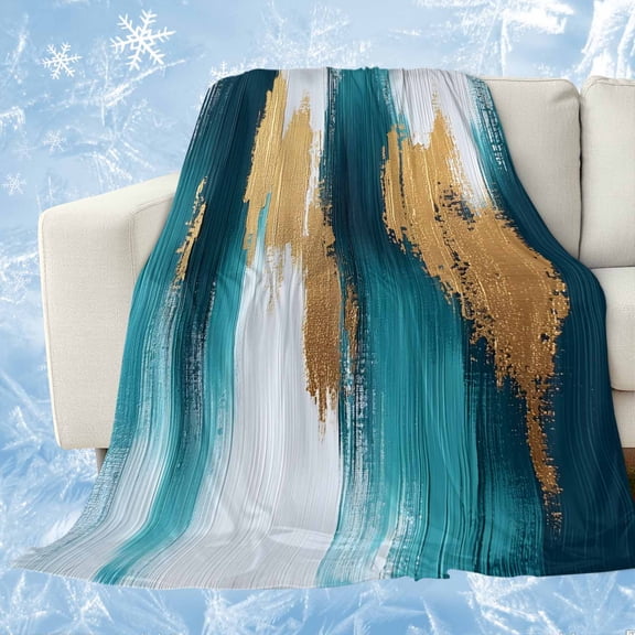 Abstract Teal Gold Cooling Blanket, Lightweight Breathable Summer Throw Blanket with Double Sided Cold Effect, Green White Wall Art Textured Picnic Beach Blankets Bed Sheet for Hot Sleepers 60"x80"
