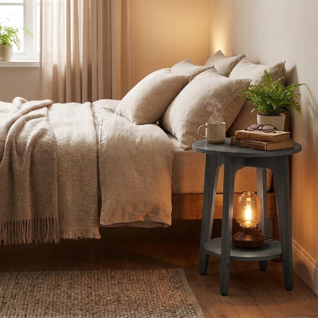 Ledrem Smoky Gray Wood Round Accent Side Table with Lower Shelf, Modern Style