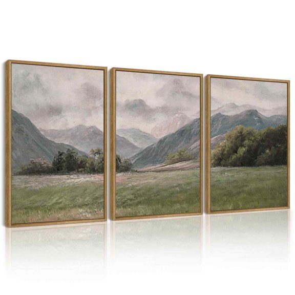 Drsoum Vintage Wall Art Prairie and Mountain Landscape Painting Retro Meadow Scenery Farmhouse Kitchen Living Room Decor 12x16in3pcs Brown Framed