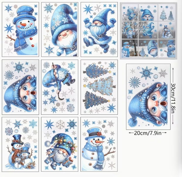 4 Christmas window decorations, sparkly snowflakes, snowmen, goblin window stickers, Christmas winter silver snowflake window stickers, Christmas party supplies decorations