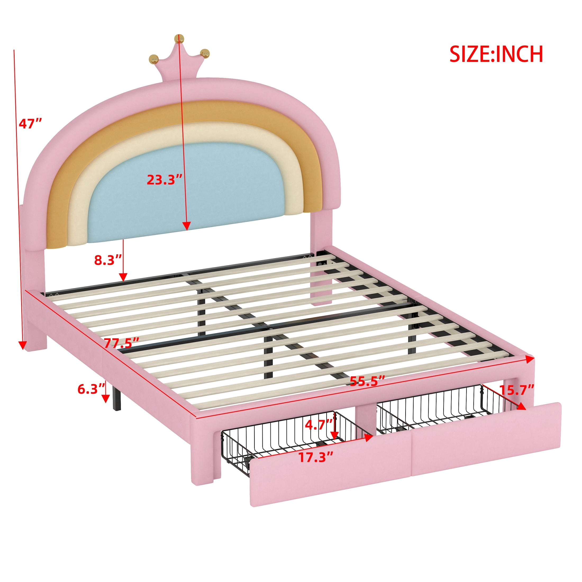 Aukfa Full Size Upholstered Rainbow Bed, Velvet Princess Platform Bed with Storage Drawers, Colorful