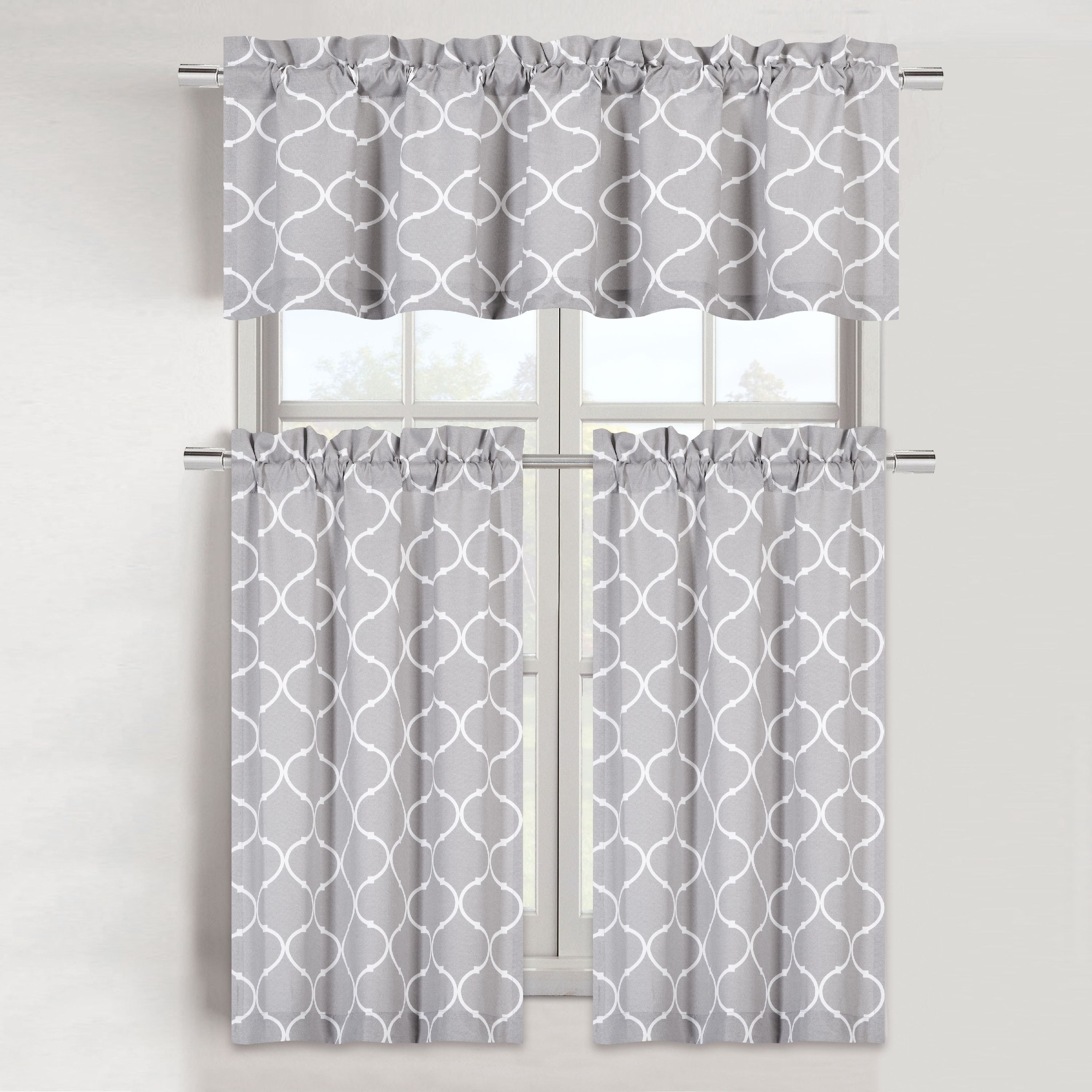 Maison Trellis Cotton Blend Kitchen Curtain Tier & Valance Set Gray