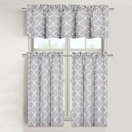 Maison Trellis Cotton Blend Kitchen Curtain Tier & Valance Set - Gray