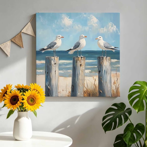 Ocean Seagull Canvas Wall Art for Living Room, Gray Wood Summer Animal Blue Sky Beach Poster Print Painting for Bedroom Office Home Decoration Wall Pictures Prepare To Hang 10"x10"
