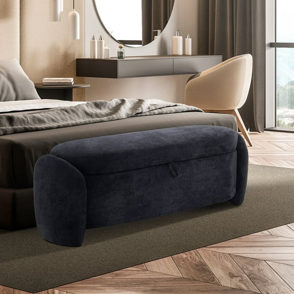 Storage Ottoman Bench, Linen Fabric Footrest Stool with Storage Chest, End of Bed Bench, Dark Blue