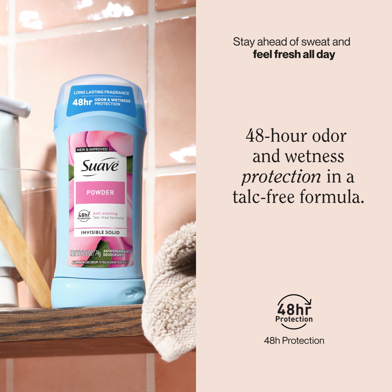 Suave Antiperspirant Deodorant For Women, 48hr Protection, Powder Scent, 2.6 oz