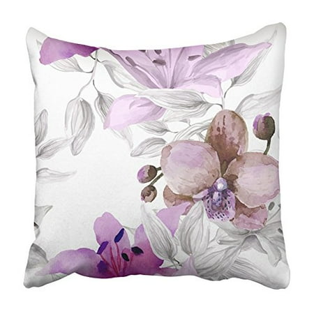 Purple Fringed Orchid - CMFUN Purple Plant Watercolor Floral with Orchid Flowers on White Orange Tropical Pillowcase Cushion Cover 18x18 inch