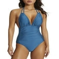 thumbnail image 4 of Women‘s Summer Swimsuit Jumpsuit  Solid Color V-Neck Ruched Triangle Bikini Slim Fit Beachwear, 4 of 7