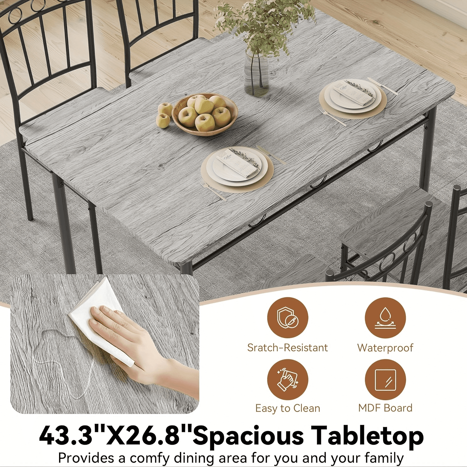 Vipbear 5-Piece Kitchen Table and Chairs, Rectangular Dining Room Table Set with 4 Chairs, Space-Saving Kitchen Table Set for Small Space,Dinette,Apartment