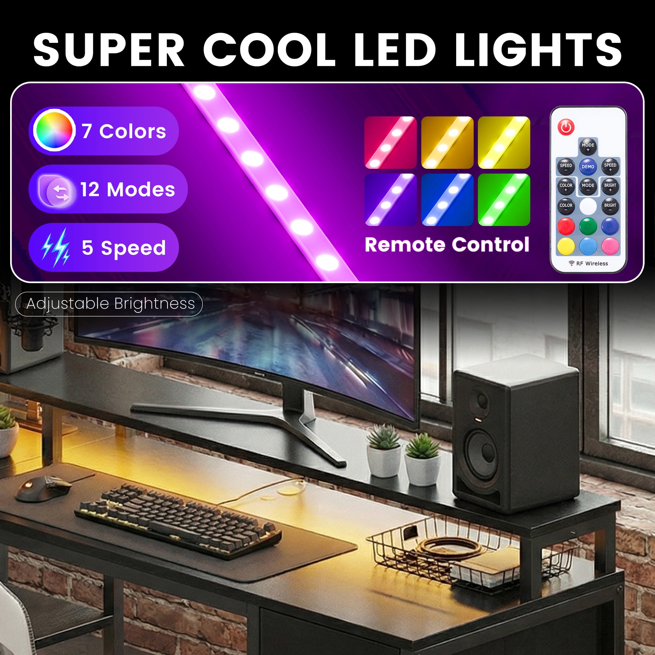 CONCETTA 53 inch L-Shaped Gaming Desk, Reversible Design with LED Lighting, Power Outlets and Double-Tier Storage, Black for Home Office