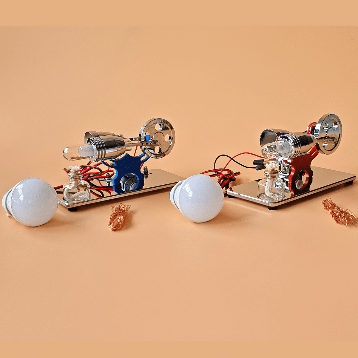 γ-Type Stirling Engine Generator Model with LED Lights, Mirror Finish Hot Air Engine, Metal Mechanical Thermal Energy Power Generator, Physics Science Experiment Kit, Desk Display for Teens & Adults
