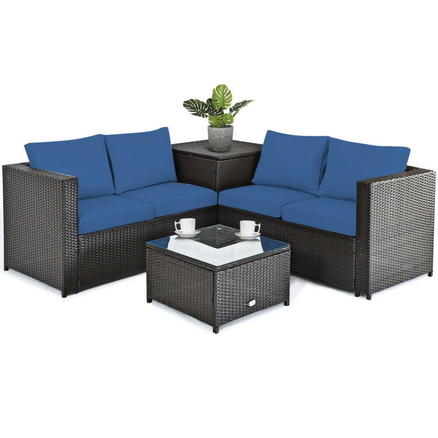 Aimee Lii 4 Pieces Outdoor Patio Rattan Furniture Set with Cushioned Loveseat and Storage Box, Outdoor Deck Furniture, Navy