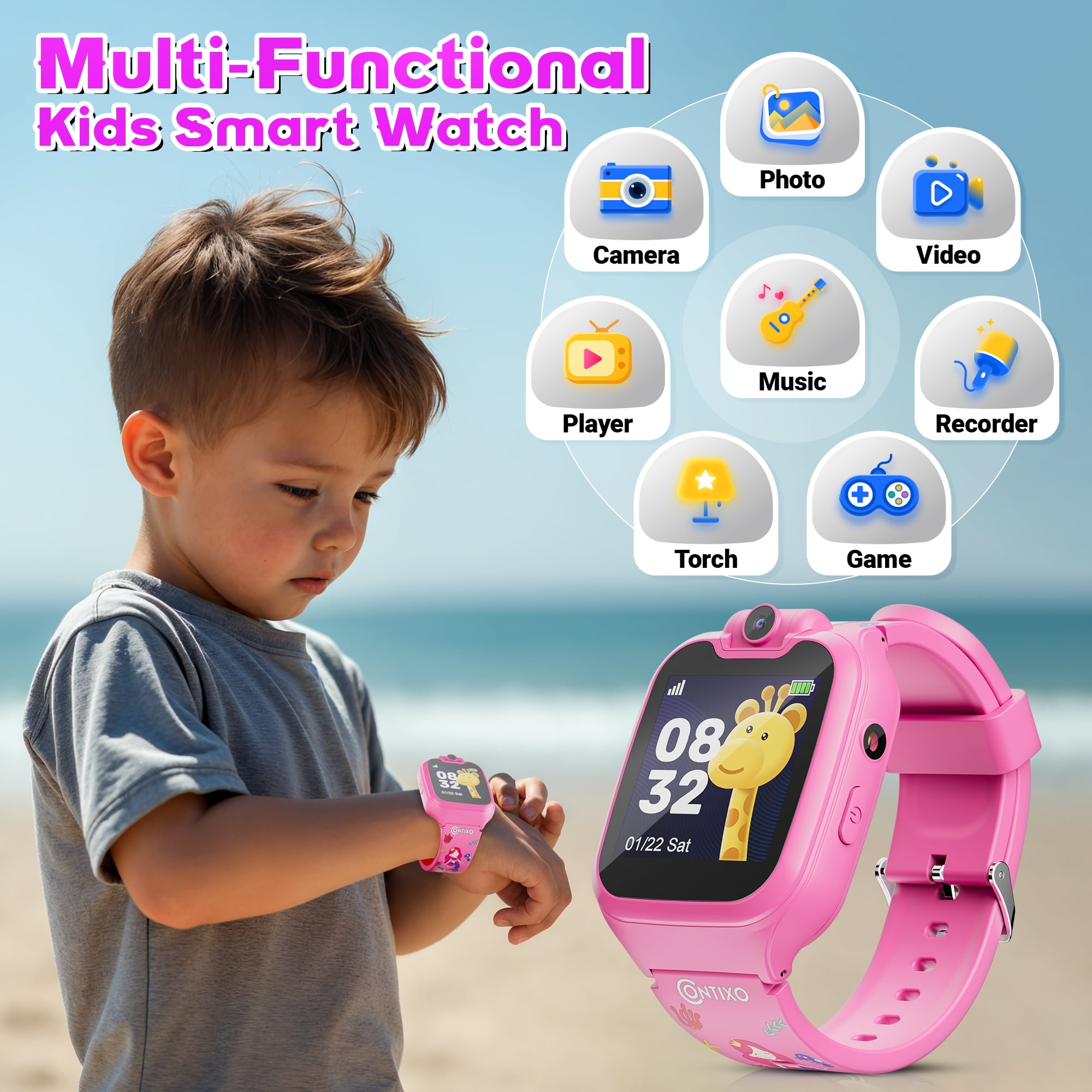 Contixo Kids Smart Watch with 1.54” HD Touch Screen, Kids Watch with 16 Educational Games and Rotating Camera, Pink