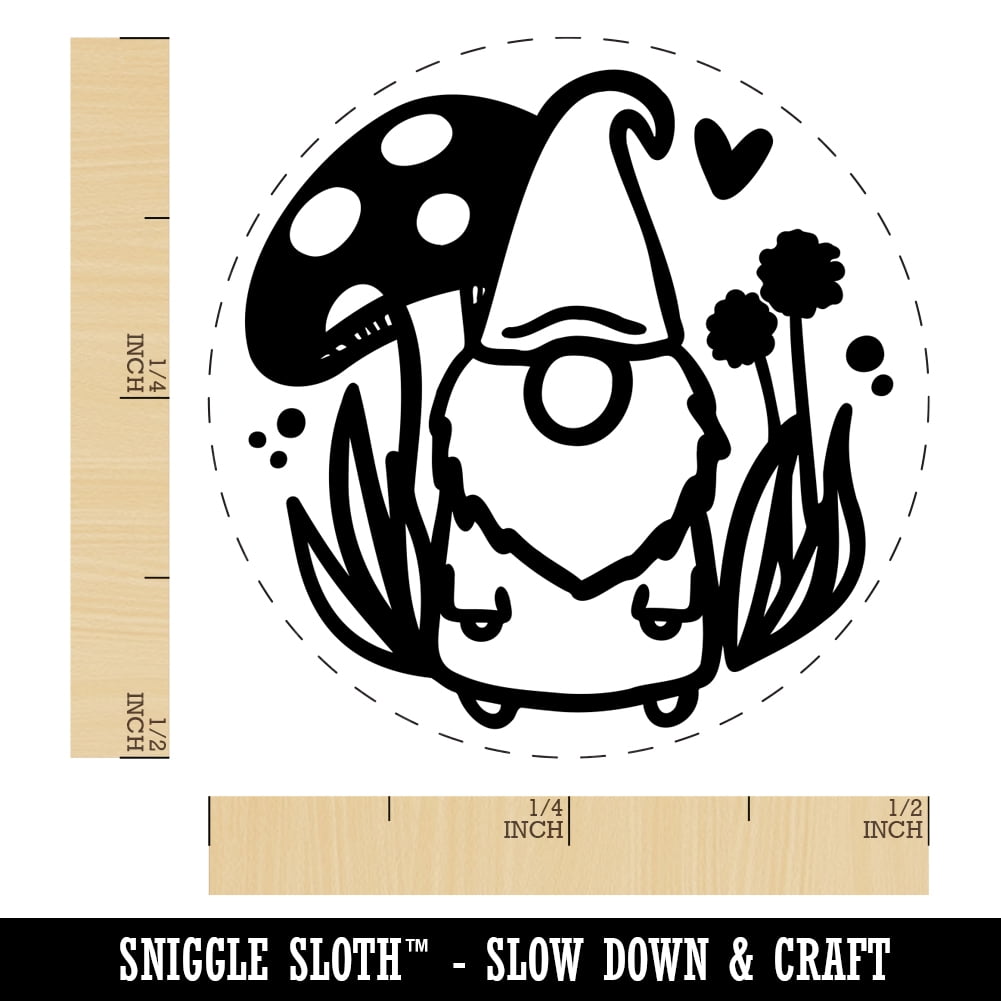 Enchanting Lovable Garden Gnome with Mushrooms Self-Inking Rubber Stamp Ink Stamper - Dry Pad (No Ink) - Mini 1/2 Inch