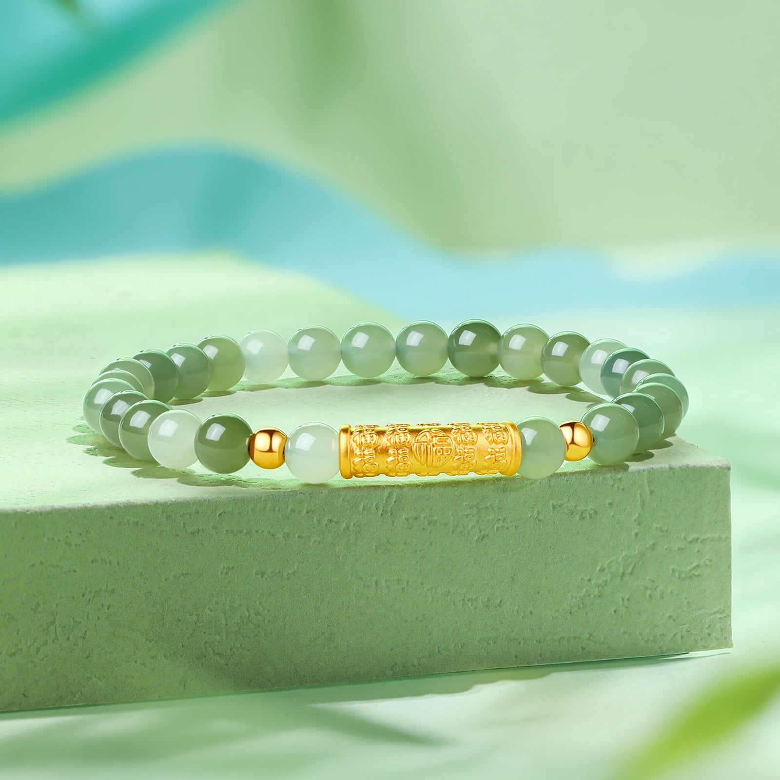 ZHOU LIU FU 24K Gold Green Jade Bead Bracelet Fortune for Women Men 19cm/7.5'' Y1910809