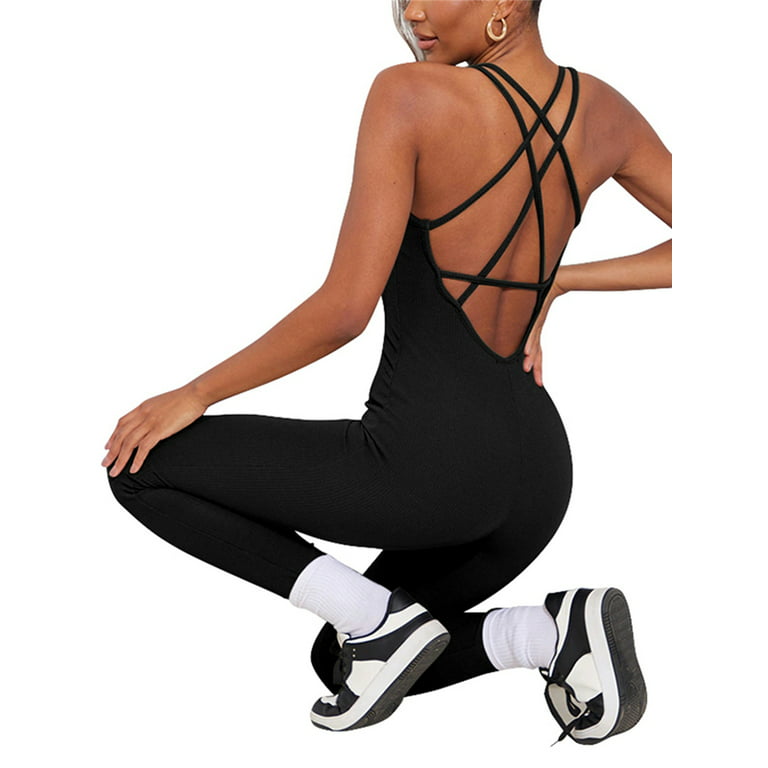 FOCUSNORM One Piece Workout Outfit for Women Tank Tops Romper Bodycon  Ribbed Sleeveless Yoga Bodysuit Jumpsuit 