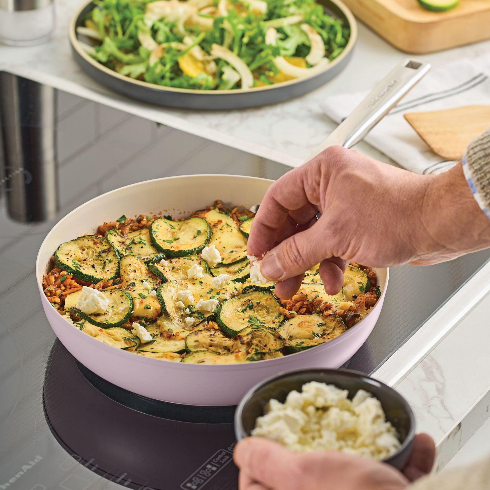 KitchenAid 9.5" Color-Finished Stainless Steel 3-Ply Base Ceramic Nonstick Frying Pan Dishwasher and Metal Utensil Safe, Induction Suitable and Oven Safe to 500°F, Wildflower