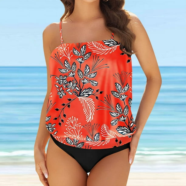 WILLBEST Traje de Baño de Dos Piezas para Mujer, Tankini con Sujetador Ajustado, Estampado Vintage, para Playa, Tankini, Bandeau, Push-Up