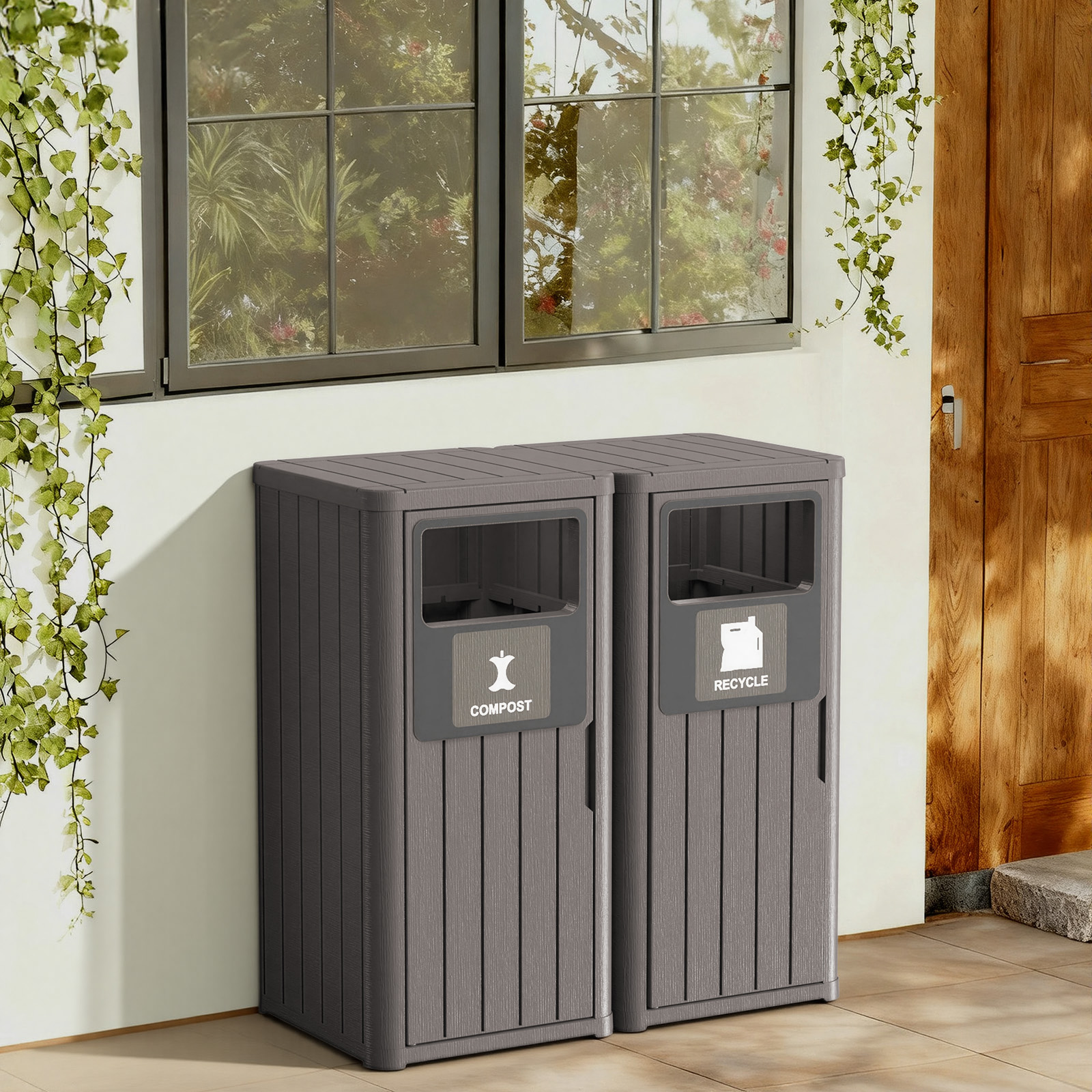 MAYEERTY 2x80L Outdoor Dual-Bucket Sorting Waste Bin (Compost & Recycle), Weather-Resistant Trash Can for Patio Yard Garden