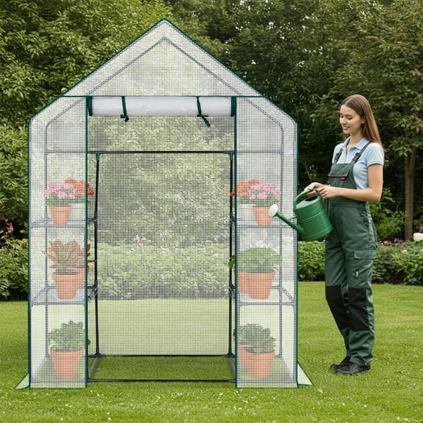 Mini Walk-in Greenhouse with PE Cover, 4-Shelf Indoor Outdoor Plant Gardening Green House for Garden Backyard, 56" x 29" x 77", White