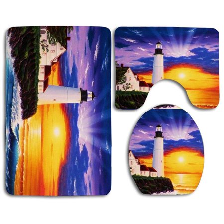 GOHAO Cottage Lighthouse at Sea 3 Piece Bathroom Rugs Set Bath Rug Contour Mat and Toilet Lid Cover