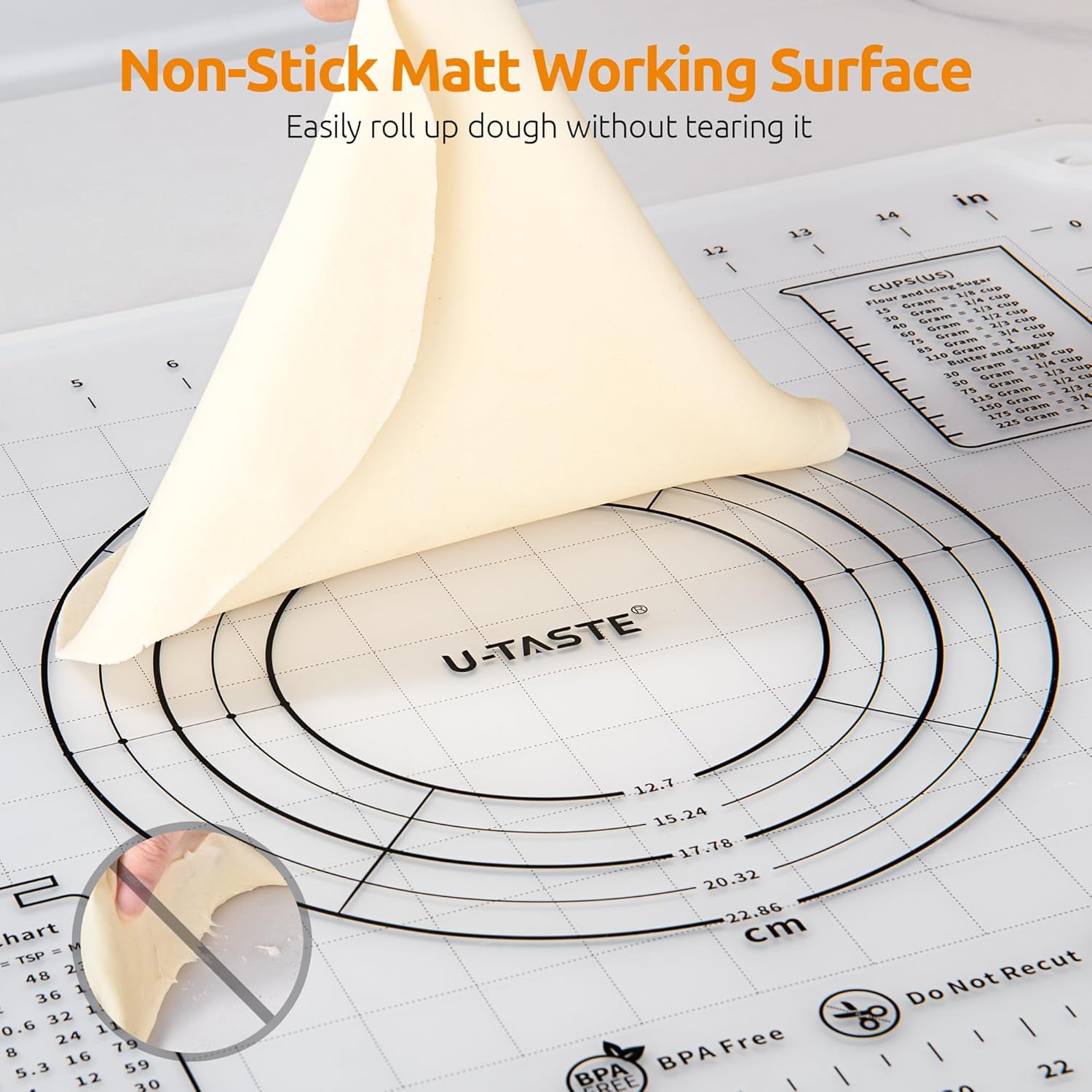 U-Taste Large Silicone Pastry Mat: 20inx16in Food-Grade Non-Stick Dough Rolling Baking Sheet, Non Slip for Kneading Prep Pizza, Fondant, Pie Crust with Clear Measurement and Raised Edges (Clear)