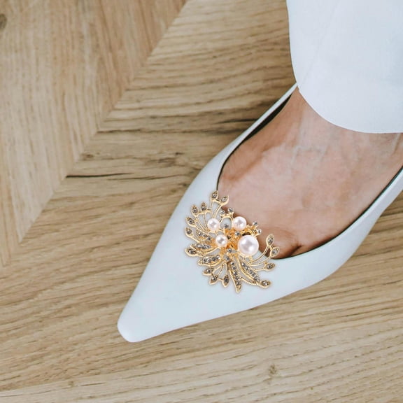 CTIRCHIU 1Pair Removable Wedding Shoe Buckles Golden Rhinestone Clips with Pearls for High Heel Shoe Accessories
