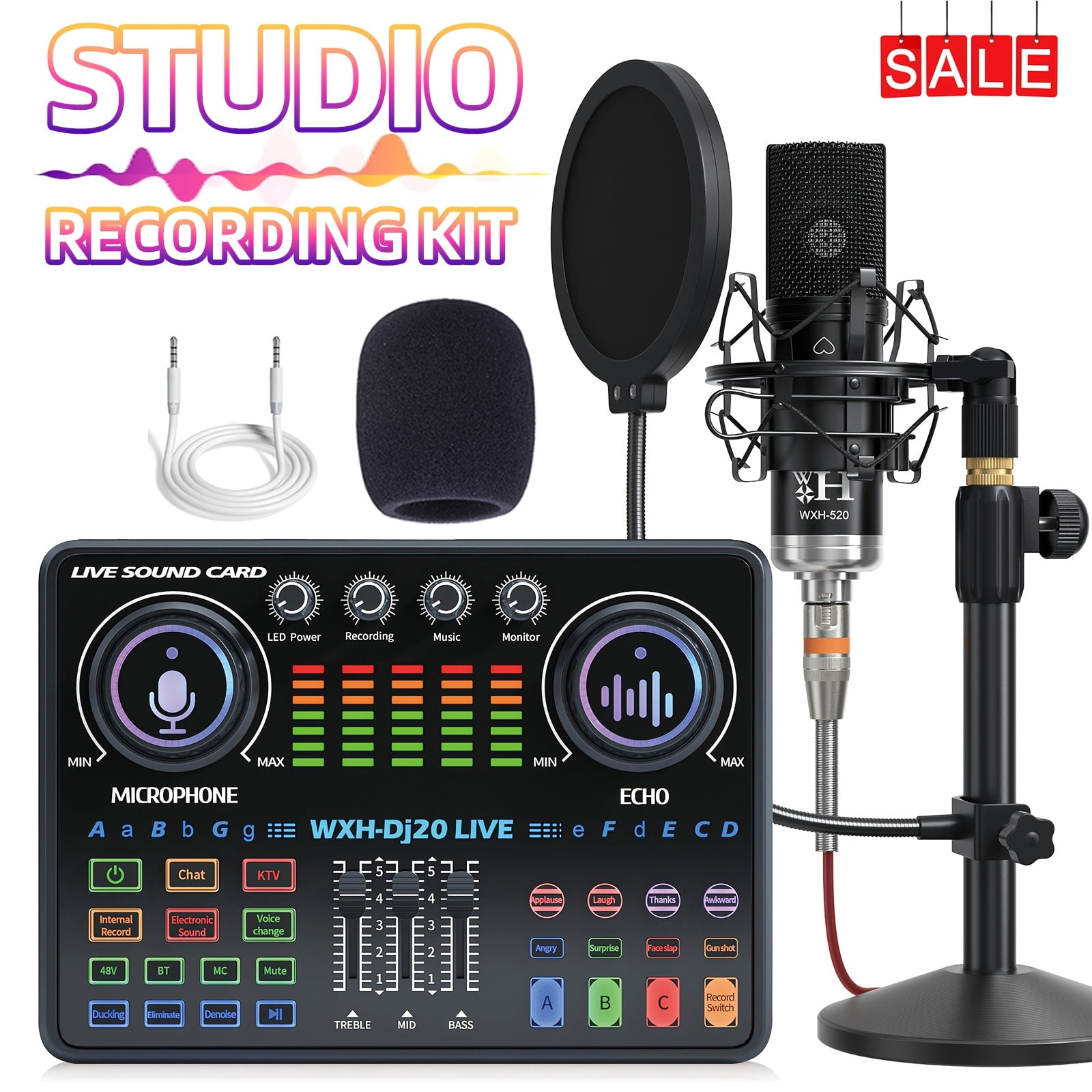 Podcast Equipment Bundle XLR Large Diaphragm Condenser Microphone with Live Sound Card Condenser Microphone Bundle for Studio Recording & Broadcasting