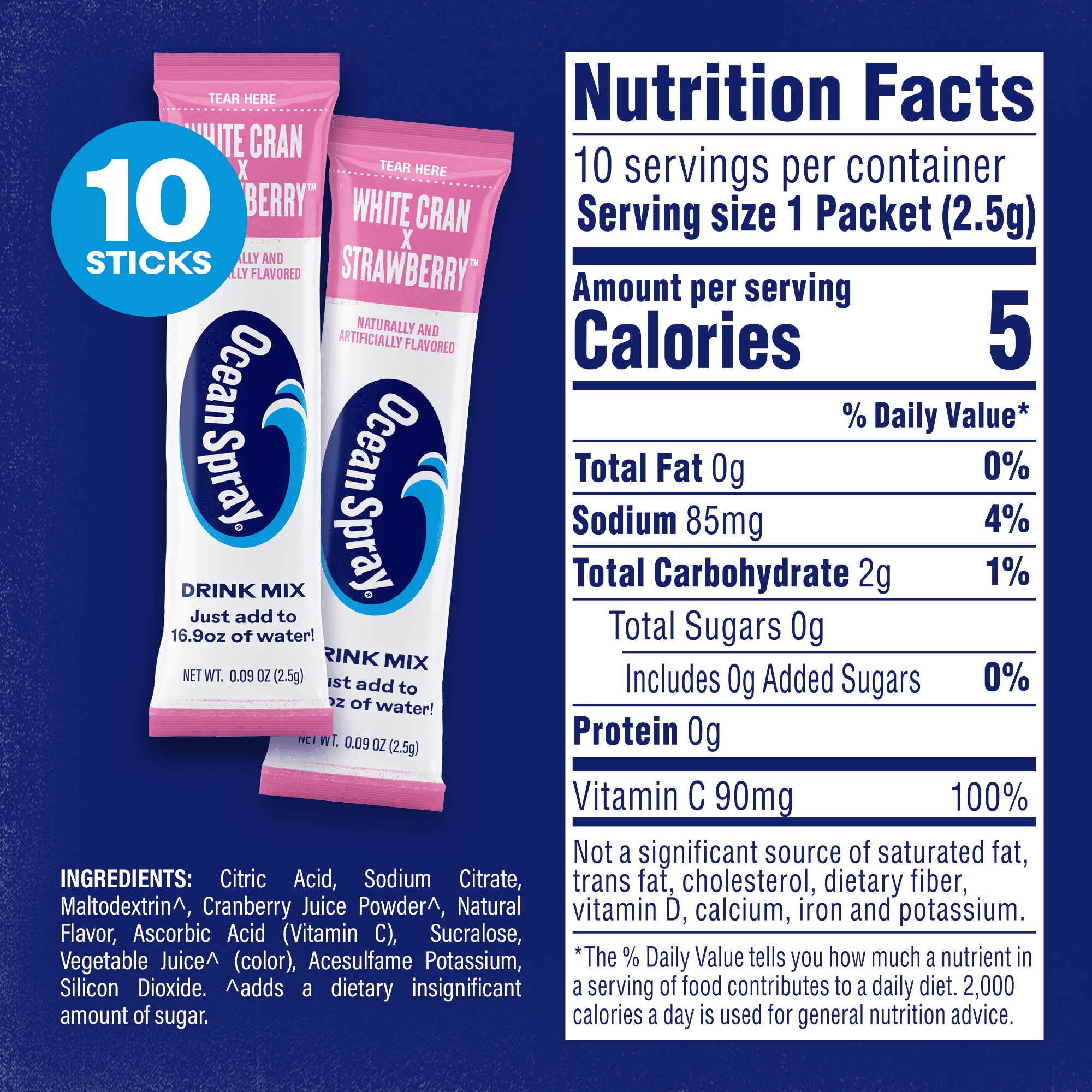 (3 pack) Ocean Spray On-The-Go Powdered Drink Mix, White Cran Strawberry, Zero Sugar, 10 Count