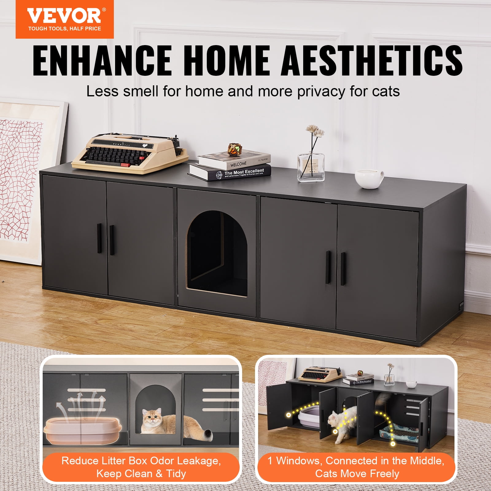 VEVOR Cat Litter Box Enclosure for 2 Cats, Litter Box Furniture Hidden with Double Rooms, Wooden Cat Box Cabinet Fit Most of Litter Box, 57.9"L x 18.3"W  x 17.9"H, Black