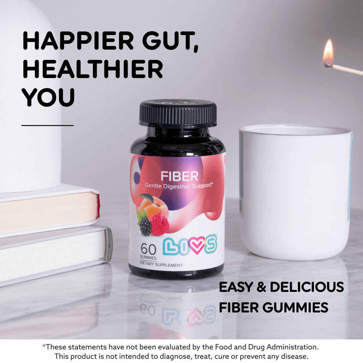 LIVS Fiber Gummies for Adults, 3g Prebiotic Inulin for Gut Health, Regularity & Weight Management Support, Vegan, 120 Count with 60 Servings