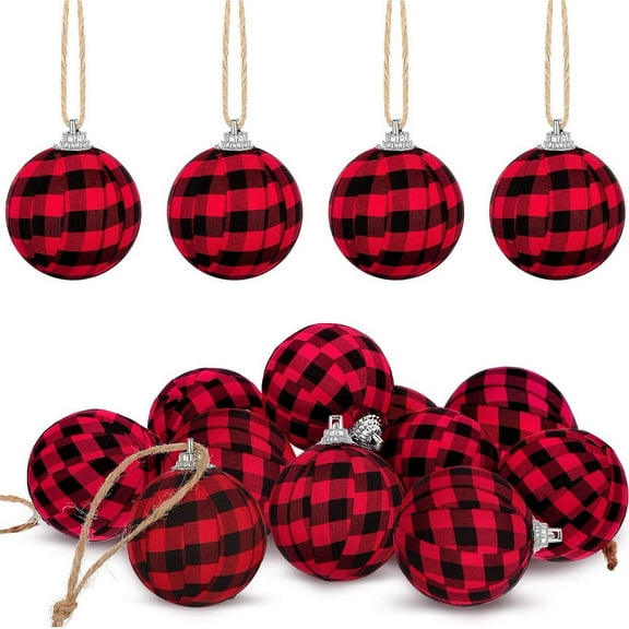 24 Pieces Buffalo Plaid Fabric Ball Christmas Ball Ornaments Shatterproof Christmas Hanging Ornament for Xmas Tree Ornaments and Holiday Party Decoration (3 inch,Red and Black)
