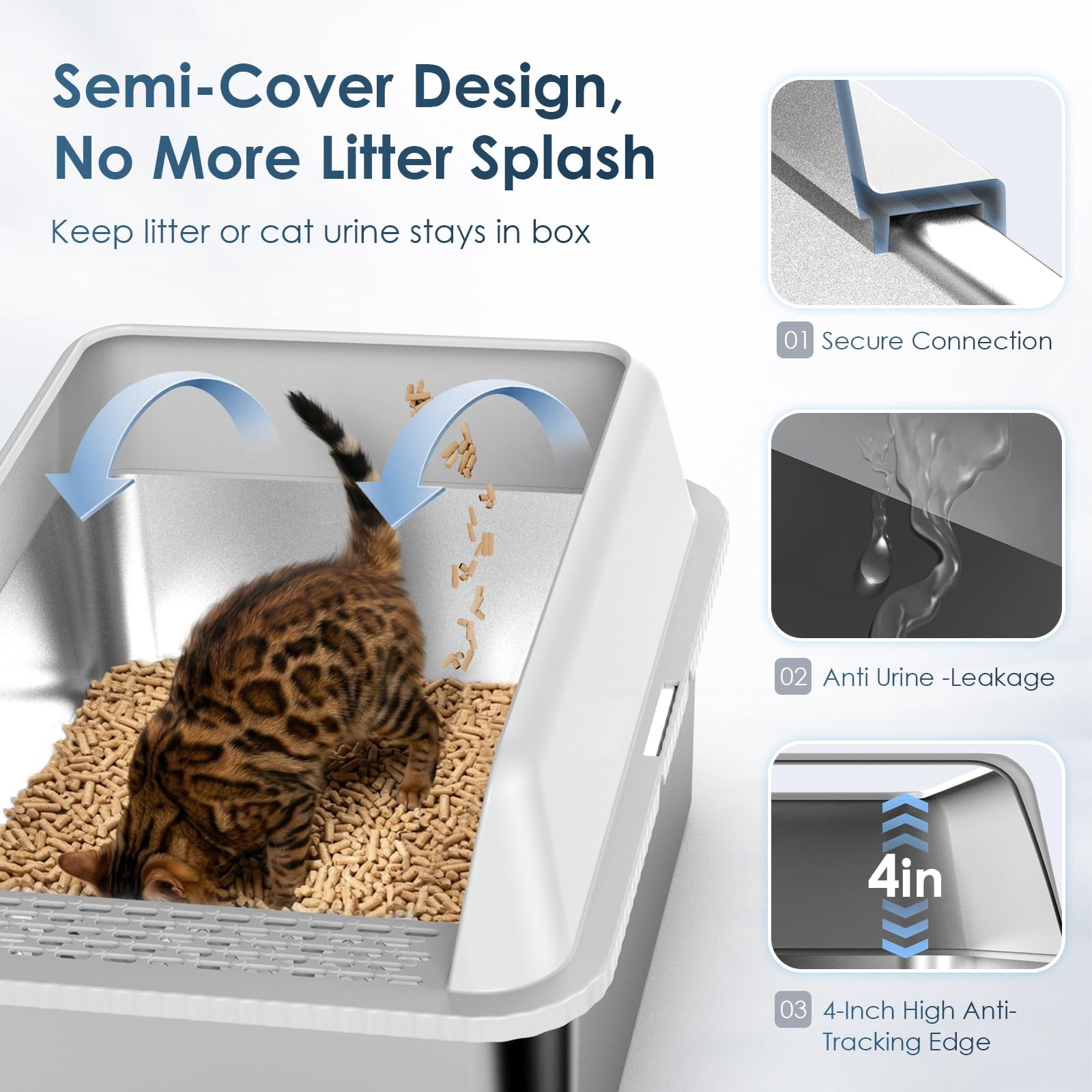 Stainless Steel Litter Box With Lid  Sifting For Pine Pellets 17.3"*13.4"*10.5" Enclosed Metal Boxes Small Cats & Kittens High Sided Anti-leakage Easy Cleaning Less Tracking