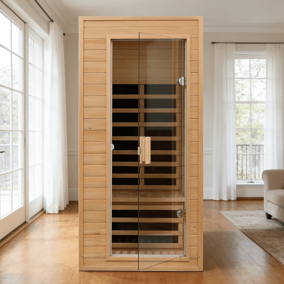 KUNSANA 1 Person Far Infrared Sauna Room Hemlock Wooden Cabinet Detox Therapy 1290W